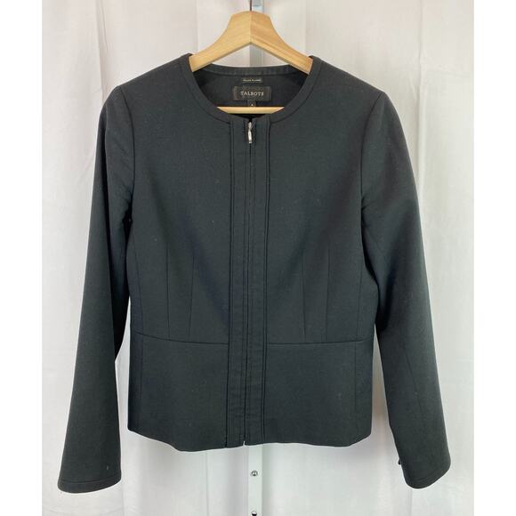 TALBOTS Size 4 Italian Flannel Full Zip Blazer Jacket Wool Blend Lined Black - Picture 1 of 6